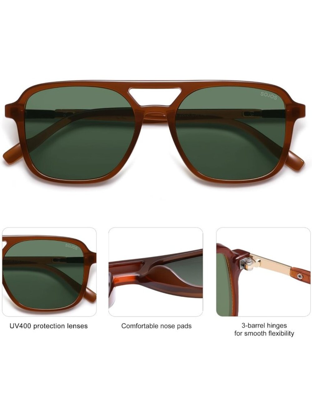 Women's Brown/Green Y2K Retro Aviator Rectangle Shades UV400 Sunglasses - Picture 6 of 6